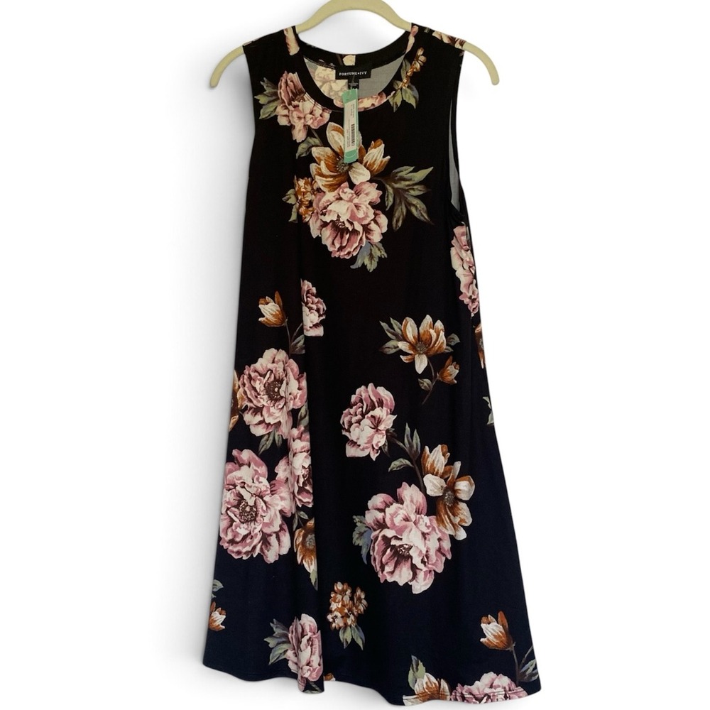 Fortune + Ivy Madia Brushed Knit Dress Black Floral Sleeveless A-Line Large NWT